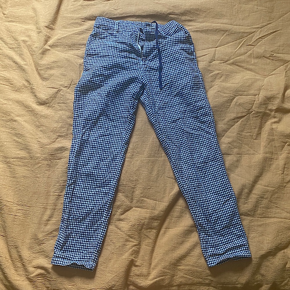 Uniqlo blue and white gingham linen pants